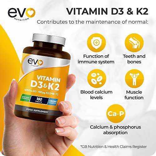 Vitamin D3 4000iu & Vitamin K2 100ug (MK7) |180 Vegetarian Tablets | 1-A-Day | 6 Month