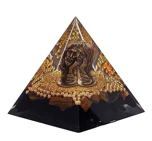 FENGSHUI-CAISHEN Mini Jesus Figurine in Healing Crystal Orgone Pyramid - Obsidian Tiger's Eye