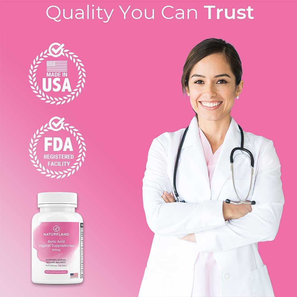 Natureland [40 Count Boric Acid Suppositories 600mg w/ [10 Pack] Vaginal Applicator - Feminine Care