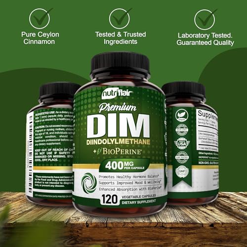 NutriFlair DIM Supplement 400mg with Bioperine, 120 Capsules - Diindolylmethane