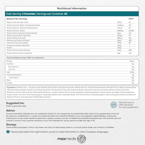 Biotin Gummies 5000mcg - with Vitamin A, B, C, D, E & Selenium – 120 Hair Nails and Skin