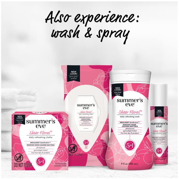 Summer's Eve Sheer Floral Daily Refreshing Feminine Wipes, Removes Odor, pH balanced, 16 count, (Pack of 8)