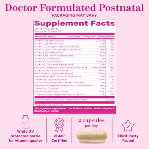 Pink Stork Total Postnatal Vitamins for Women with Vegan DHA, Iron, Folate, and Vitamin B12