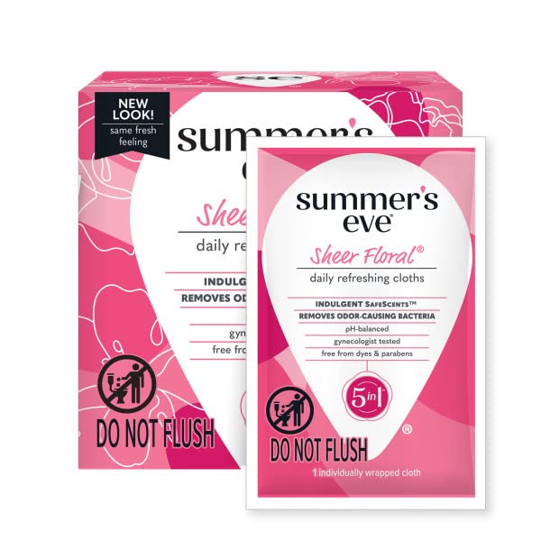 Summer's Eve Sheer Floral Daily Refreshing Feminine Wipes, Removes Odor, pH balanced, 16 count, (Pack of 8)