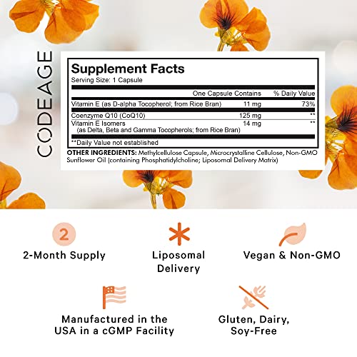Codeage Liposomal CoQ10 Supplement - Vitamin E Isomers Tocopherols - 125mg Coenzy