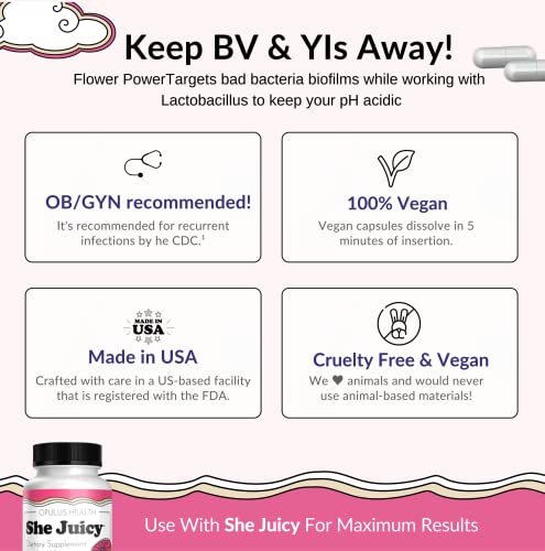 Flower Power Vegan Boric Acid Suppositories - 30 Capsules - 600mg for Vaginal Odor and pH Balance