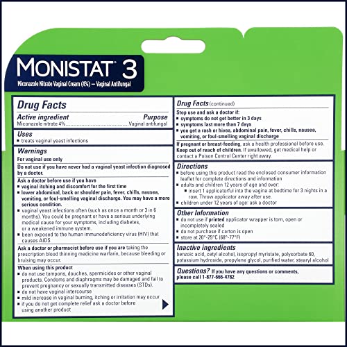 Monistat 3 Day Yeast Infection Treatment for Women, 3 Miconazole Pre-Filled Cream Applicators, 1 Pack