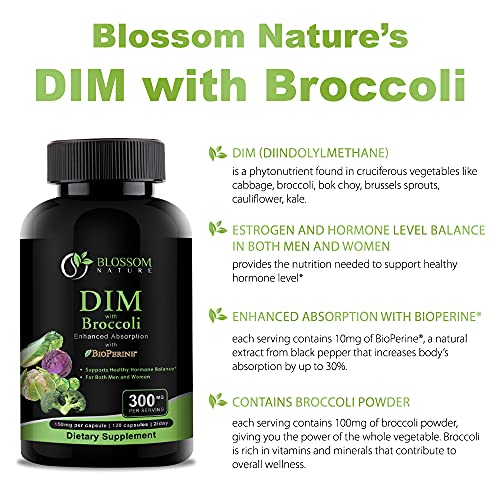 DIM Supplement 300mg with Broccoli 200mg BioPerine 10mg-Hormone and Estrogen Balance