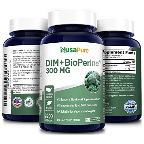 NusaPure DIM 300mg with Bioperine - 200 Veg caps (Non-GMO, Vegan, Gluten-Free) Diindolylmethane