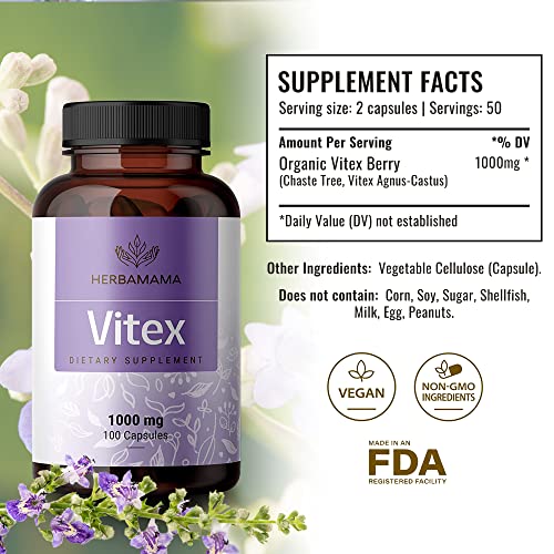 HERBAMAMA Vitex Supplement for Women - Organic Vitex Chasteberry Pills - Vegan Supplements
