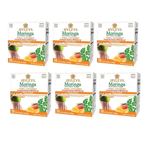 Hyleys Tea Moringa Oleifera with Mango Flavor - 50 Tea Bags (6 Pack - 300 Tea Bags total) (Miracle Tree Tea)