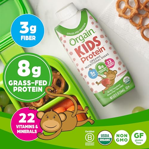 Orgain Organic Kids Nutritional Protein Shake, Strawberry - Kids Snacks with 8g Dairy