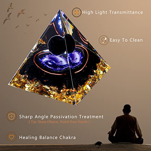 Yin Yang Healing Crystal Orgonite Pyramid - Tai Chi with Obsidian Ball - Taiji Reiki Chakra Meditation