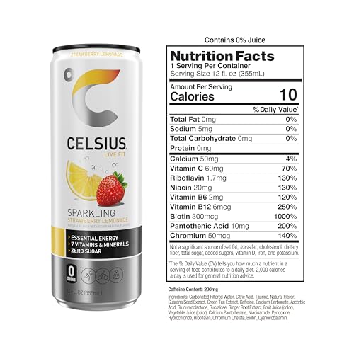 CELSIUS Sparkling Strawberry Lemonade, Functional Essential Energy Drink, 12 Fl Oz