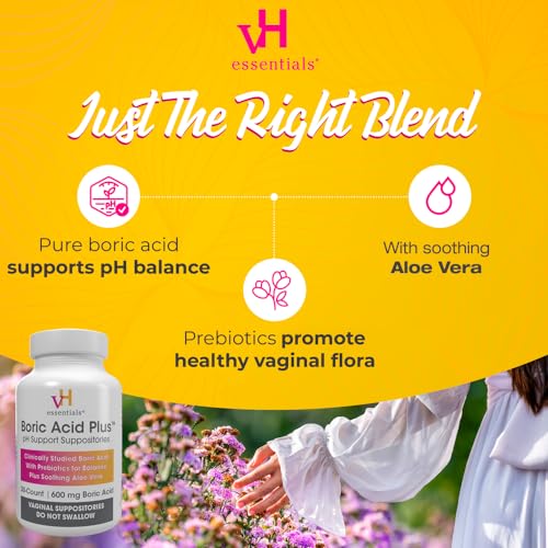 vH essentials Boric Acid Plus Vaginal Suppositories, Prebiotic Infused with Soothing Aloe Vera, pH