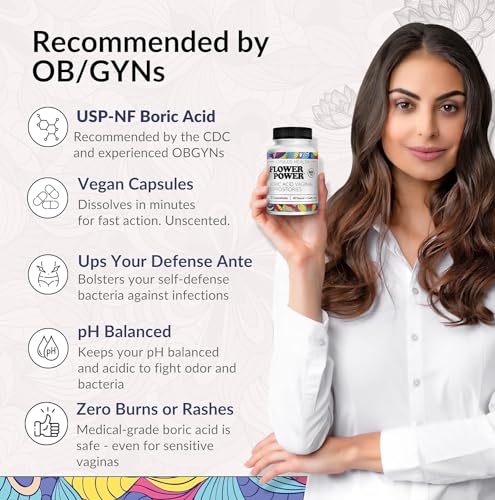 Flower Power Vegan Boric Acid Suppositories - 30 Capsules - 600mg for Vaginal Odor and pH Balance