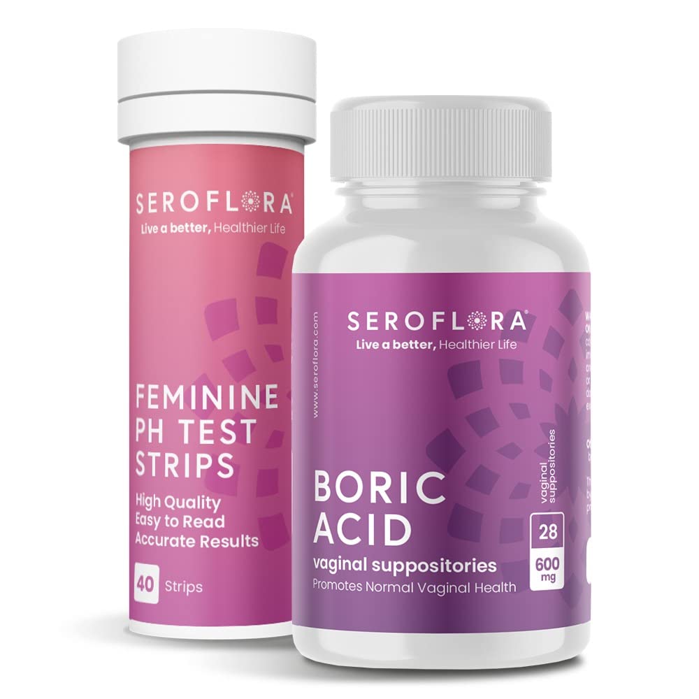 Seroflora Boric Acid Vaginal Suppositories 600mg (28ct) & 40 pH Test Strips for Women