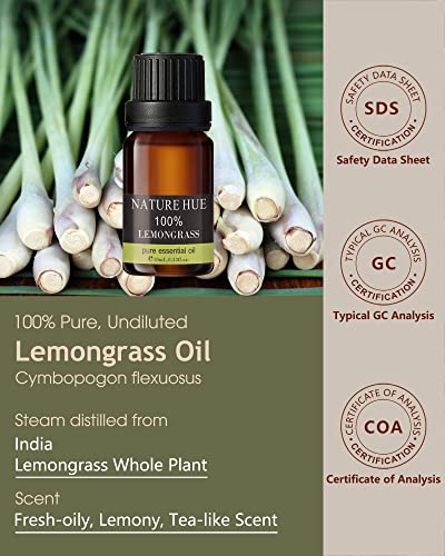 NATURE HUE Lemongrass Essential Oil - 10 mL (1/3 oz) - Pure, Natural, Therapeutic Grade