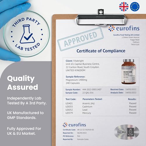 Magnesium Citrate - 1480mg High Strength - 240 Capsules (4 Month Supply) - Vegan