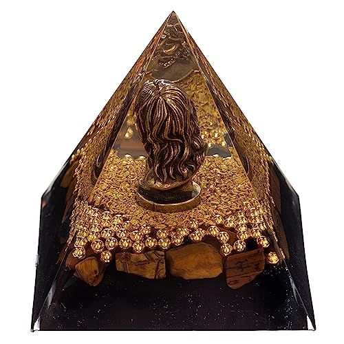 FENGSHUI-CAISHEN Mini Jesus Figurine in Healing Crystal Orgone Pyramid - Obsidian Tiger's Eye
