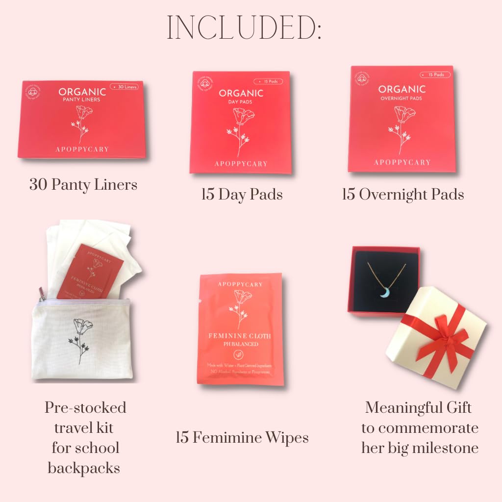 Organic 77 PC Period Kit Moon Box for Teens and Tweens - Organic Cotton Top Sheet Feminine Pads