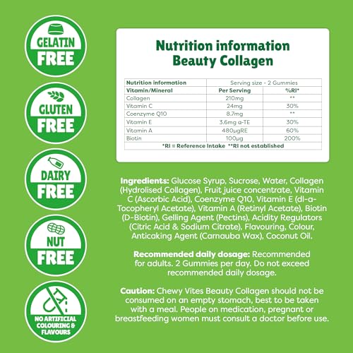 Chewy Vites Beauty Collagen 60 Gummy Vitamins |Hydrolised Collagen, CoQ10, Biotin + Vitamins | 1 Month Supply | Real Fruit Juice | Berry Flavour | 2-a-Day |