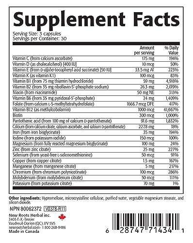 NEW ROOTS HERBAL Prenatal Complete MultiVitamin (90 Veg Caps) - with Biotin, Iron & Folate