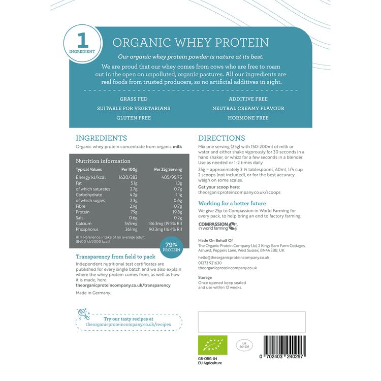 The Organic Protein Co. - Pure Unflavoured Organic Whey Protein Powder | SOYA & Gluten Free w