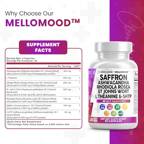 Clean Saffron Supplements with Ashwagandha 8000mg - Mood Support with L-Theanine