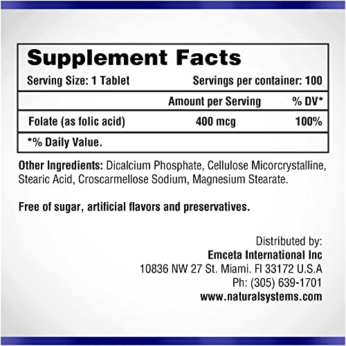 Folic Acid Supplement 100 Tablets 400 mcg by Natural Systems - Prenatal Vitamin for Women Perfect