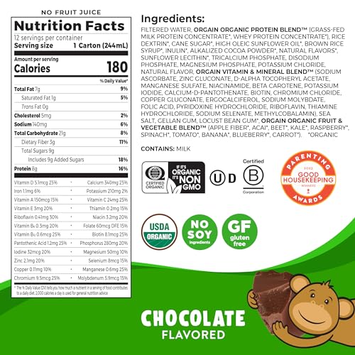 Orgain Organic Kids Nutritional Protein Shake, Chocolate - Kids Snacks with 8g Dairy
