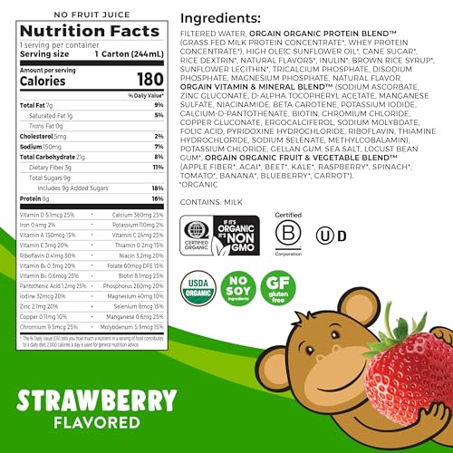 Orgain Organic Kids Nutritional Protein Shake, Strawberry - Kids Snacks with 8g Dairy