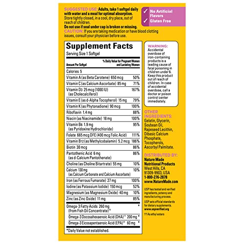 Nature Made Prenatal Multivitamin with Folic Acid, DHA and Choline, Dietary Supplement