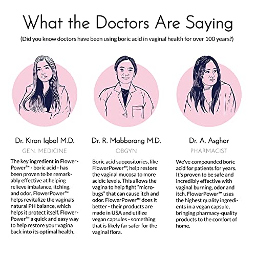 Flower Power Vegan Boric Acid Suppositories - 30 Capsules - 600mg for Vaginal Odor and pH Balance