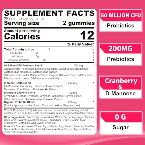Probiotics for Women Gummies, Sugar Free Vaginal Probiotics 50 Billion CFU 10 Strains w/ Cranberry