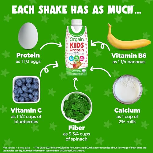 Orgain Organic Kids Nutritional Protein Shake, Strawberry - Kids Snacks with 8g Dairy