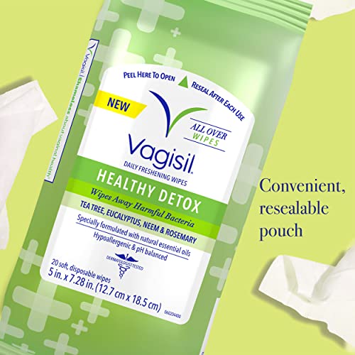 Vagisil Wipes for All Over Cleaning, Health Detox, Formulated with Essential Oils, 20 Wipes