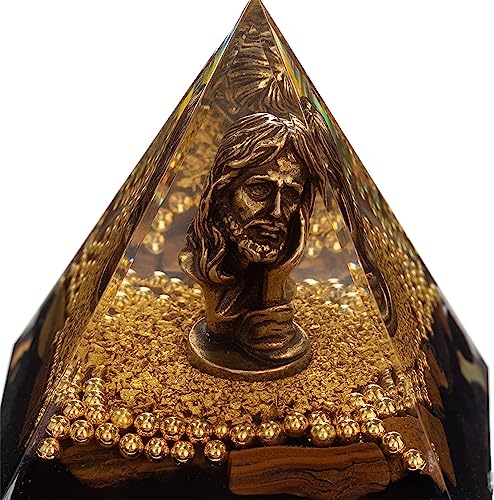 FENGSHUI-CAISHEN Mini Jesus Figurine in Healing Crystal Orgone Pyramid - Obsidian Tiger's Eye