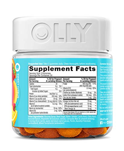 Olly Prenatal Multivitamin Gummy, Folic Acid, Vitamin D, Omega DHA, Chewable Supplement