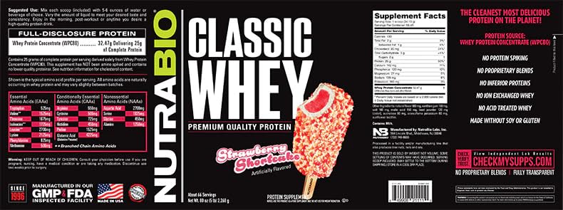 NutraBio Classic Whey Protein Powder - No Fillers, Artificial Colors, Preservatives