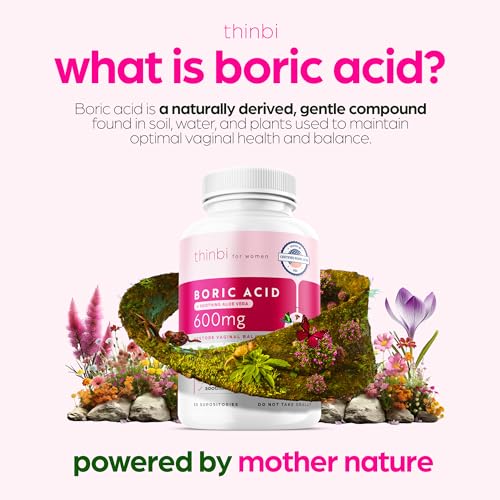 Thinbi Boric Acid Suppositories for Women w/Aloe Vera - BV Treatment & PH Balance