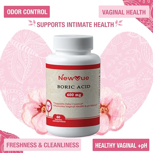 NewVue Boric Acid Vaginal Suppositories (600mg, 60 Count) Supports Vaginal pH Balance, Odor Control (USP Medical Grade Fine Powder, Easy Dissolve, Third Party Tested, Made in USA)