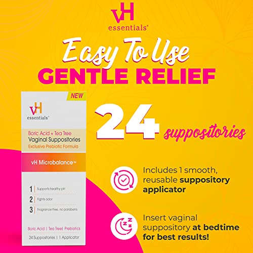 vH essentials Boric Acid + Tea Tree Vaginal Suppositories - Prebiotics Formula with Lactic Acid