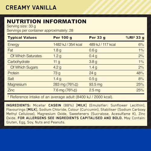 Optimum Nutrition Gold Standard 100% Casein Slow Digesting Protein Powder with Zinc