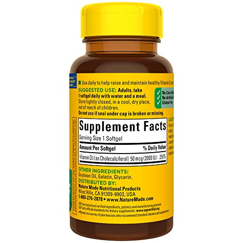 Nature Made Vitamin D3 2000 IU (50 mcg), Dietary Supplement for Bone, Teeth, Muscle