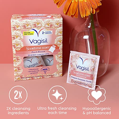Vagisil Scentsitive Scents On-The-Go Feminine Cleansing Wipes, pH Balanced, Peach Blossom