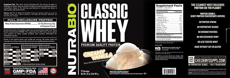 NutraBio Classic Whey Protein Powder- 25G of Protein Per Scoop - Full-Spectrum Amino
