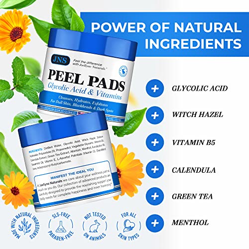 JOELLYNE NATURALS Glycolic Acid Peel Pads - 50 Count, Natural AHA Exfoliating Pads for Acne