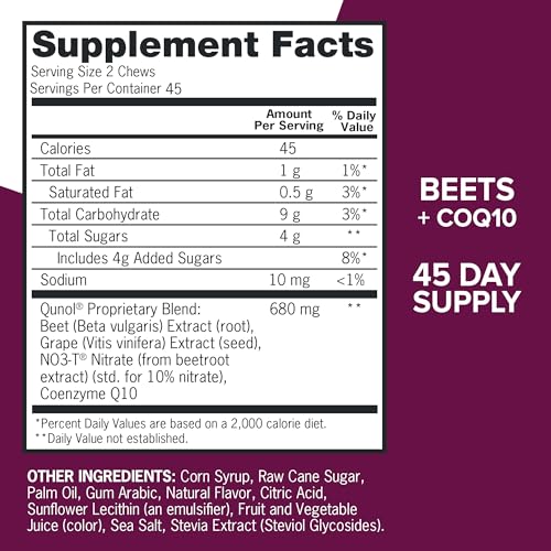 Qunol Beets Chews for Blood Pressure Support, 3 in 1 Beets + CoQ10 + Grape Seed Extract