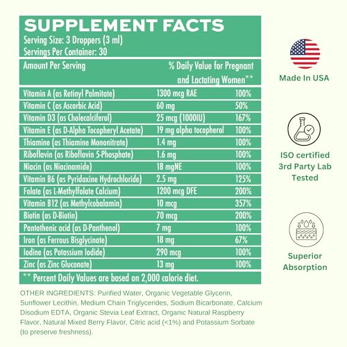 Prenatal + Postnatal liposomal Liquid Drops with Iron | 30 Day Supply | 3 FL Oz | Non-GMO